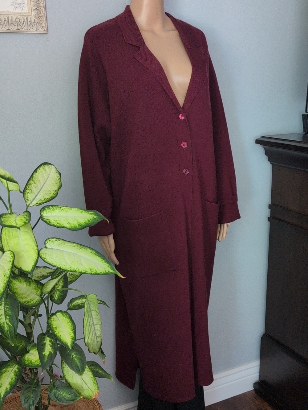 Cotton Ginny Plus Burgundy Knit Long Duster Cardigan Coat Lagenlook 1X - Picture 3 of 14